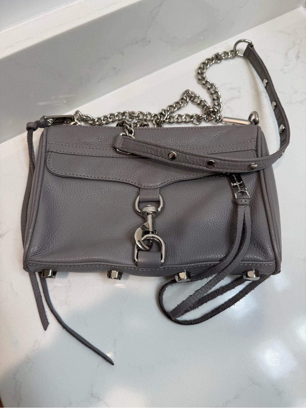 Rebecca Minkoff Gray Leather Small MAC Crossbody with Silver Chain